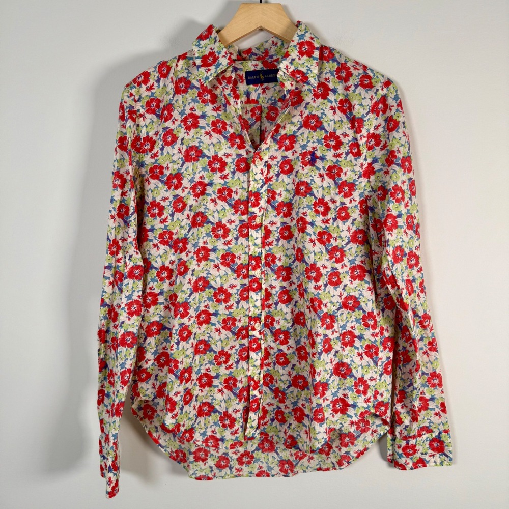 Ralph Lauren Floral Button Up‎ Shirt Top Size 8 100% Cotton Long Sleeve Pony